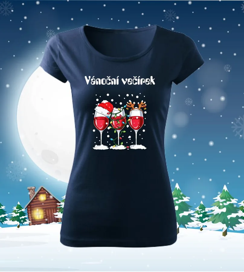 Tričko vianočné s potlačou Vánoční večírek, L, tmavomodrá