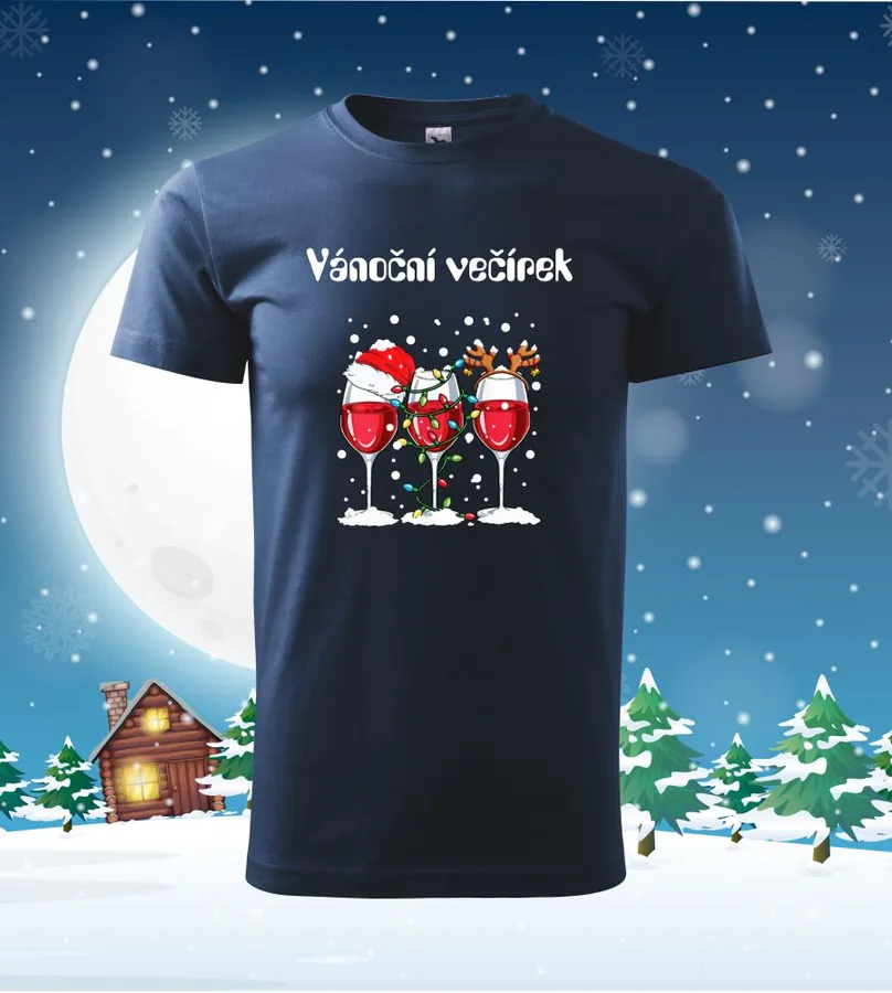 Tričko vianočné s potlačou Vánoční večírek, L, tmavomodrá