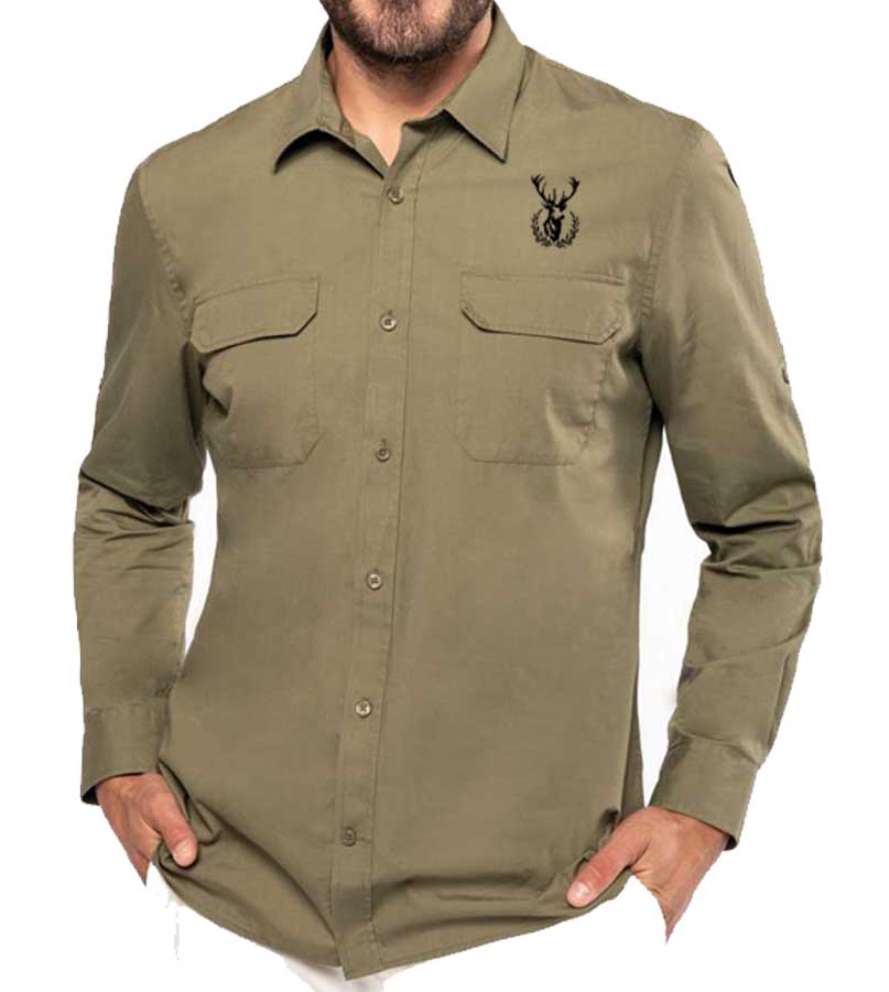 Bavlnená poľovnícka košeľa s výšivkou jeleňom 2, XXL, khaki
