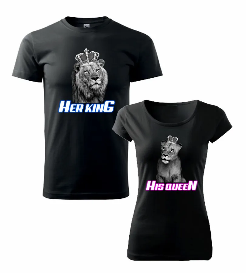 Tričká pre pár King Lion & Queen Lioness, dámske XXL, pánske M, čierne