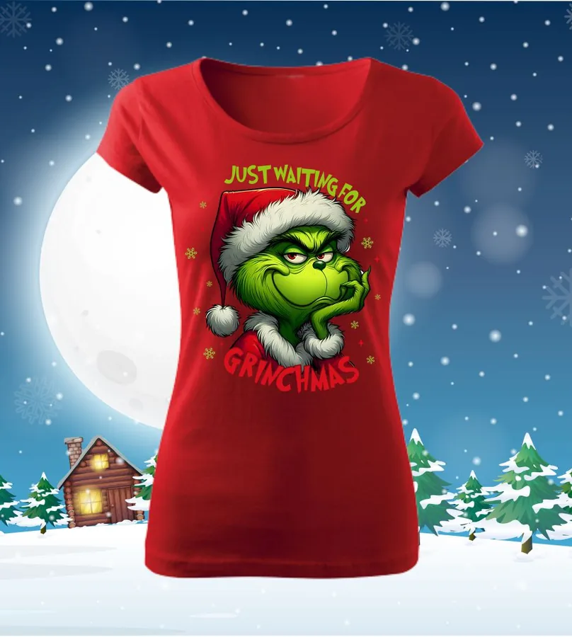 Tričko vianočné s potlačou Just waiting for Grinchmas 3XL  Červená, Dámsky - Výpredaj