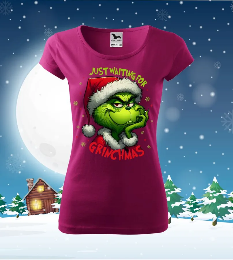 	Tričko vianočné s potlačou Just waiting for Grinchmas  - S, Červená, Dámsky - Výpredaj