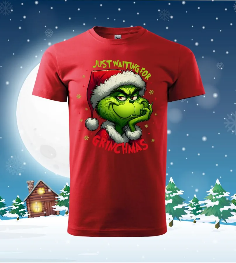 	Tričko vianočné s potlačou Just waiting for Grinchmas  - S, Červená, Dámsky - Výpredaj