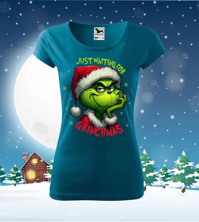 	Tričko vianočné s potlačou Just waiting for Grinchmas  - S, Červená, Dámsky - Výpredaj