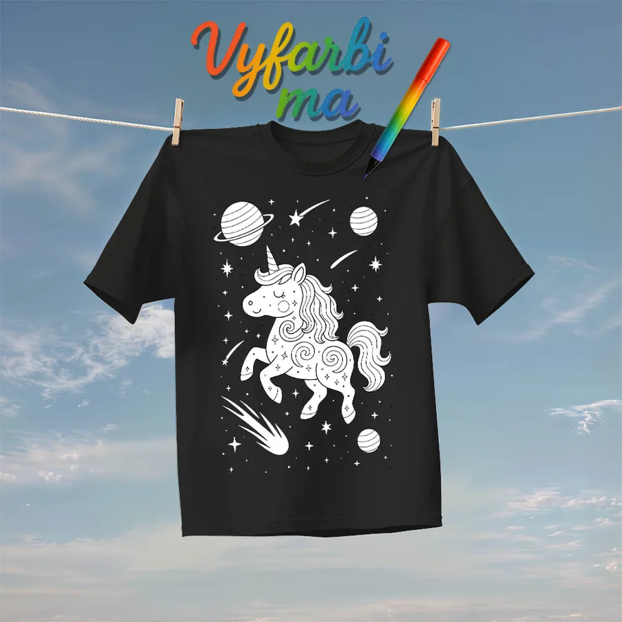 Vyfarbovacie detské tričko Jednorožec vo vesmíre