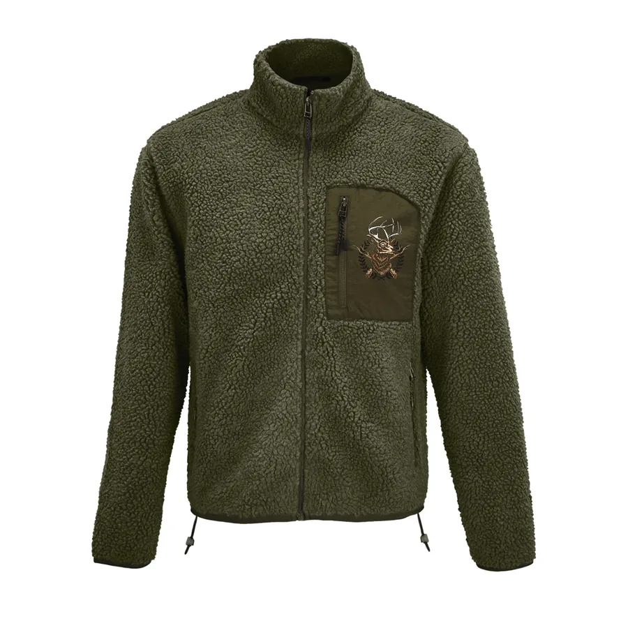 Teplá fleece bunda pre poľovníka s potlačou jeleňa