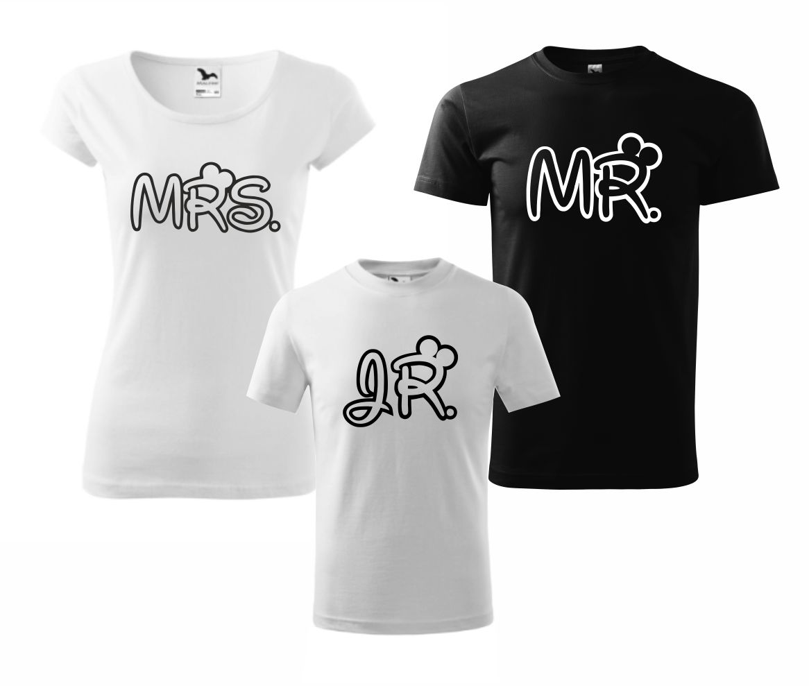 Sada 3 tričiek s potlačou MR, MRS a JR white